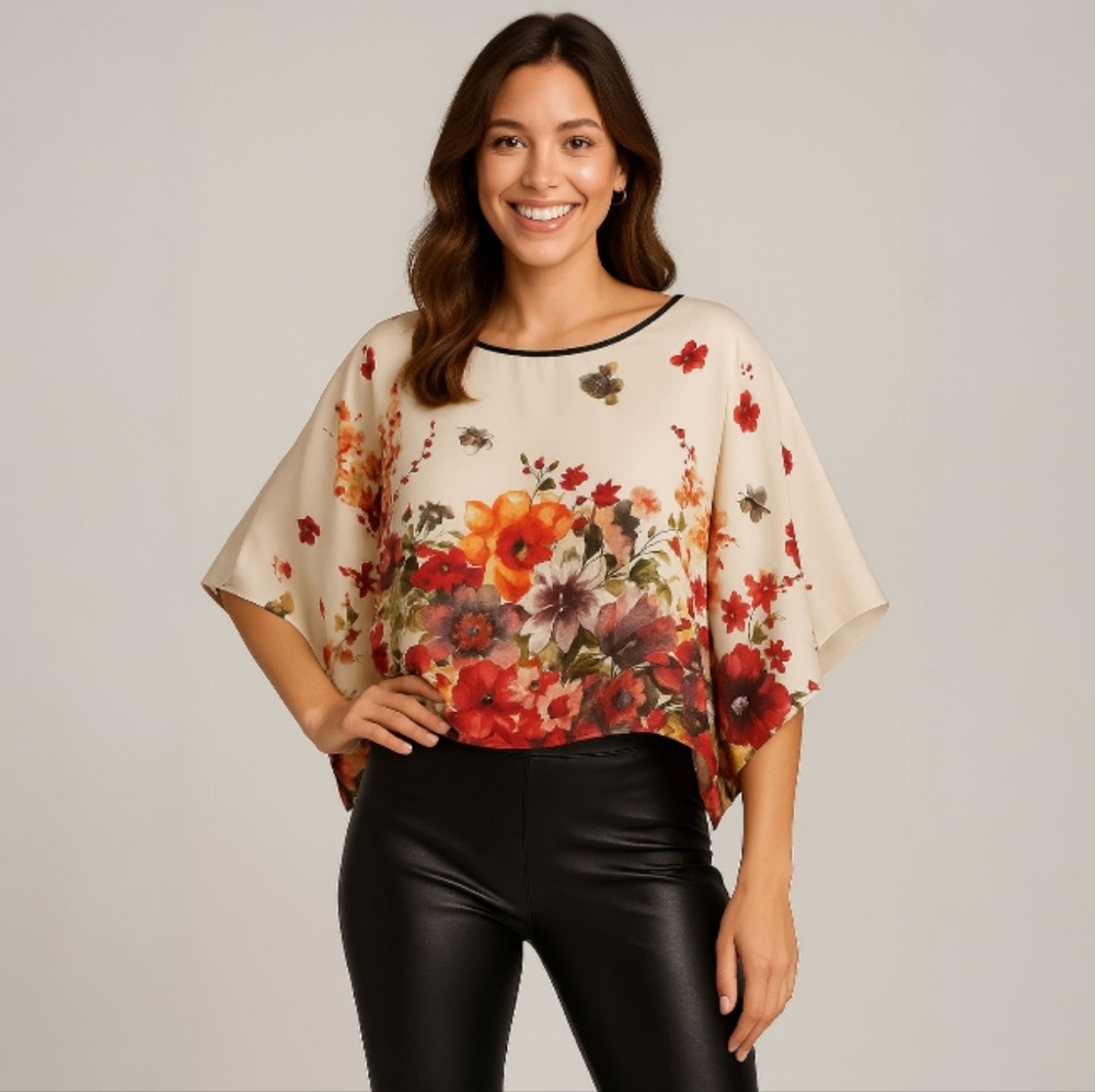 Allen B. By Allen Schwartz Satin Floral Catftan Top Size M